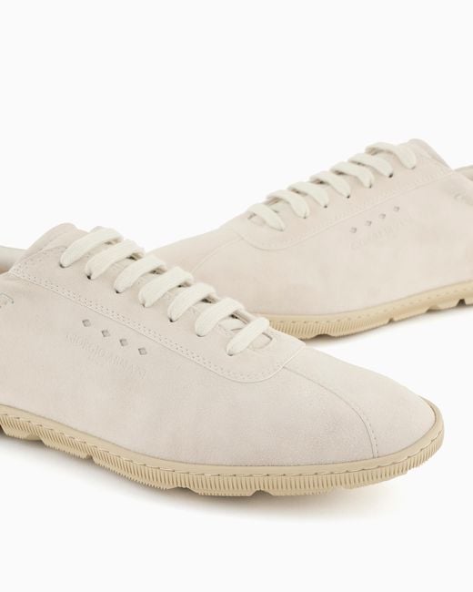 Giorgio Armani White Low-Top Suede Lace-Up Sneakers With Rubber Sole for men