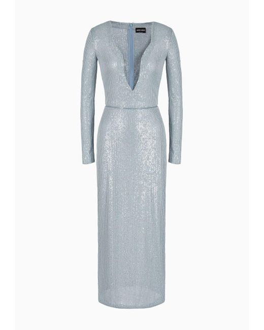 Giorgio Armani Blue Long Jersey Dress With All-over Sequin Embroidery
