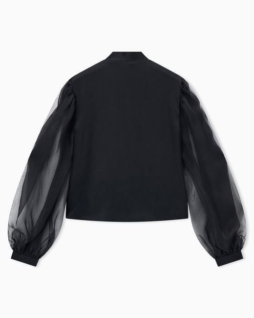 Giorgio Armani Black Satin Shirt With Silk Organza Sleeves And Front Rhinestones