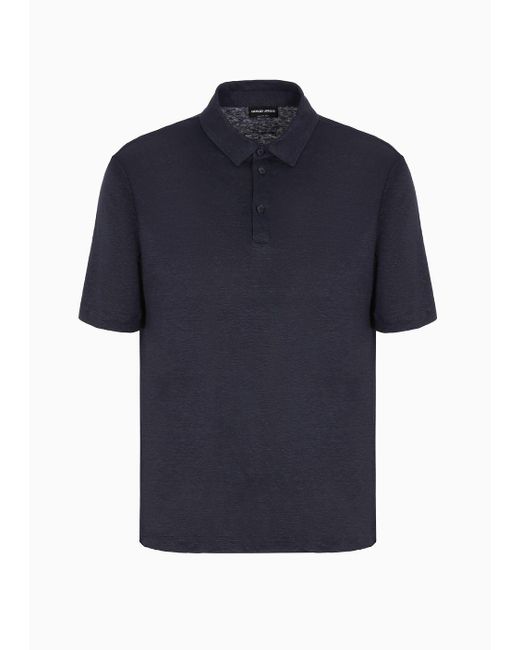 Giorgio Armani Blue Short-sleeved Polo Shirt In Pure Linen Jersey for men