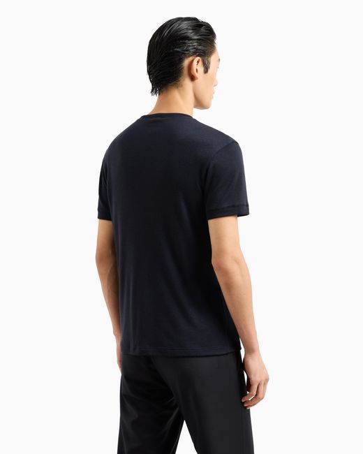Giorgio Armani Blue Short Cashmere Jumper With Topstitched Crew Neck Icon for men