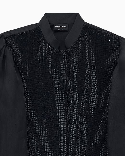 Giorgio Armani Black Satin Shirt With Silk Organza Sleeves And Front Rhinestones
