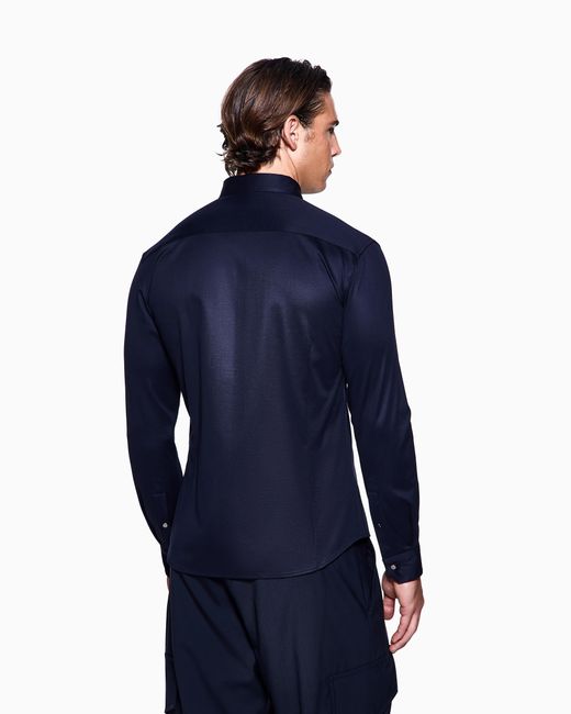 Giorgio Armani Blue Slim Fit Interlock Cotton Shirt With Full Zip Closure for men