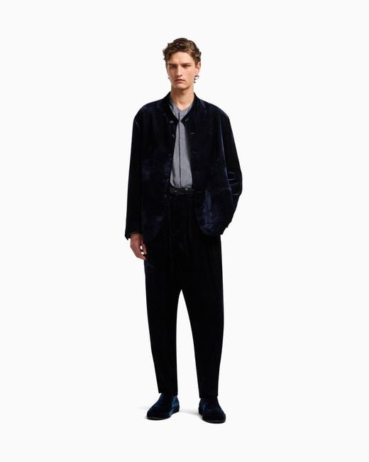 Giorgio Armani Blue Giorgio's Single-Pleat Velvet Trousers With A Diagonal Print for men