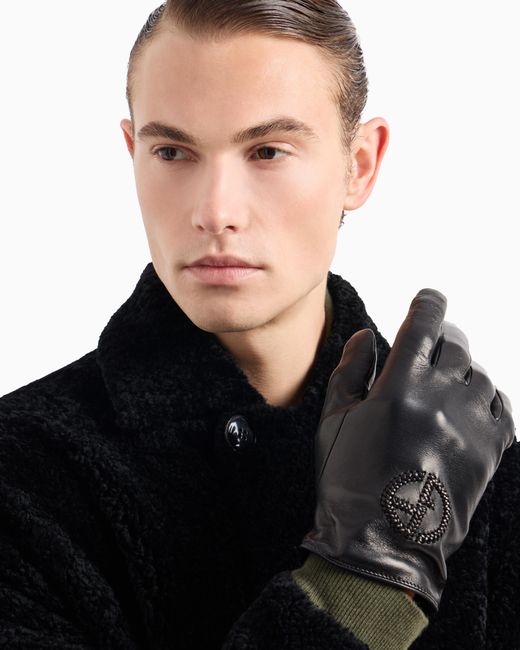 Giorgio Armani Black Nappa Leather Gloves With Embroidered Logo for men