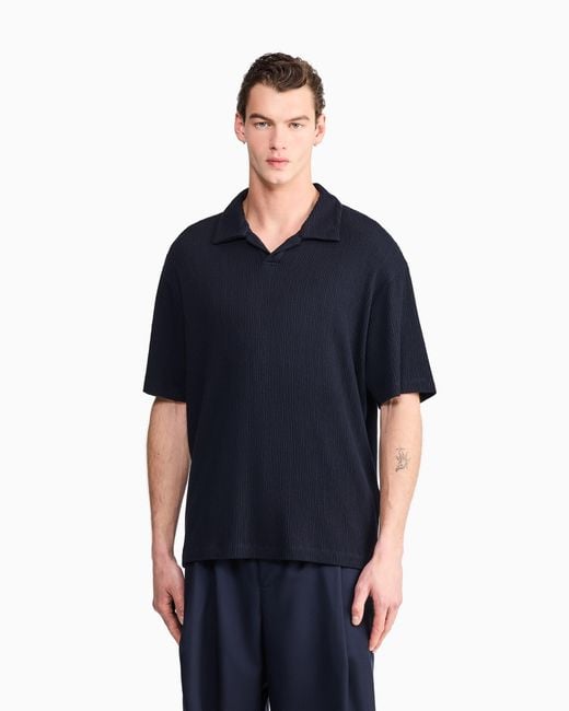 Giorgio Armani Blue Polo Shirt Regular Fit Viscose Seersucker Jersey for men