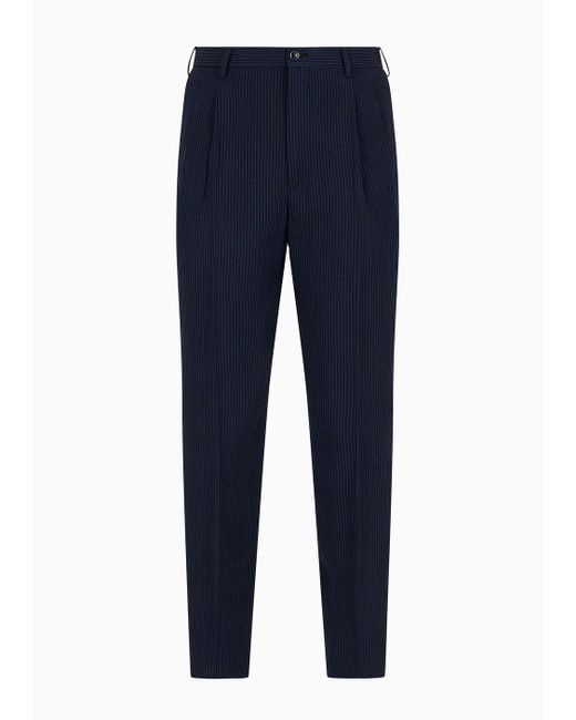 Giorgio Armani Blue Viscose-blend Seersucker Double-pleat Trousers for men