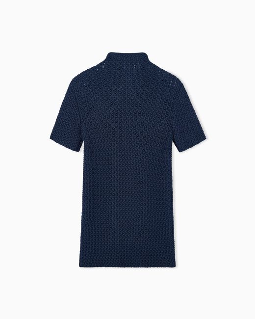 Giorgio Armani Blue Slim Fit Short Sleeve Viscose Sweater With Honeycomb Effect