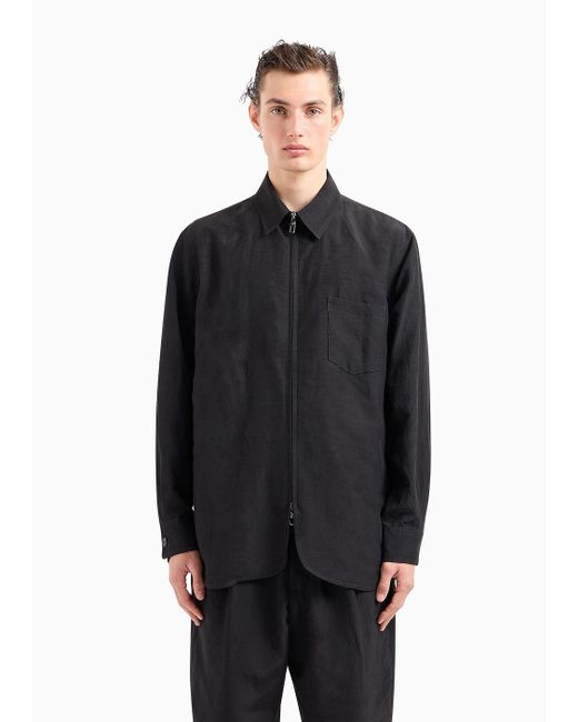Giorgio Armani Black Viscose And Linen Canvas Shirt Jacket With Zip for men