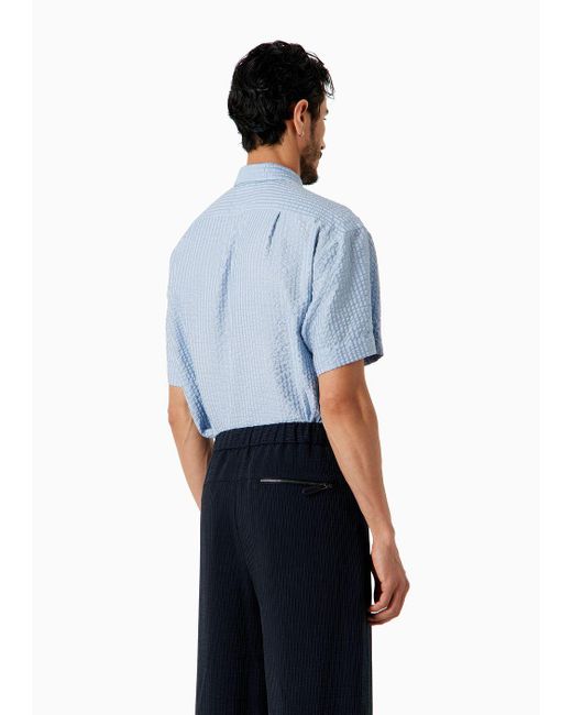 Giorgio Armani Kurzärmlige Oversize-bluse Aus Baumwolle Und Seide In Seersucker-optik in Blue für Herren