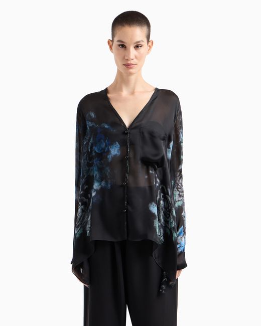 Giorgio Armani Blue Silk-Charmeuse, Floral-Print Shirt