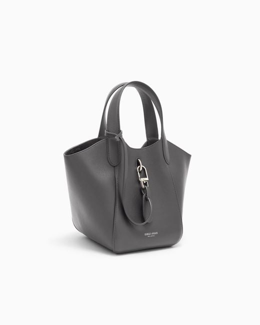 Giorgio Armani Gray Leather Handbag With A Geometric Base And A Snap-Hook Clasp