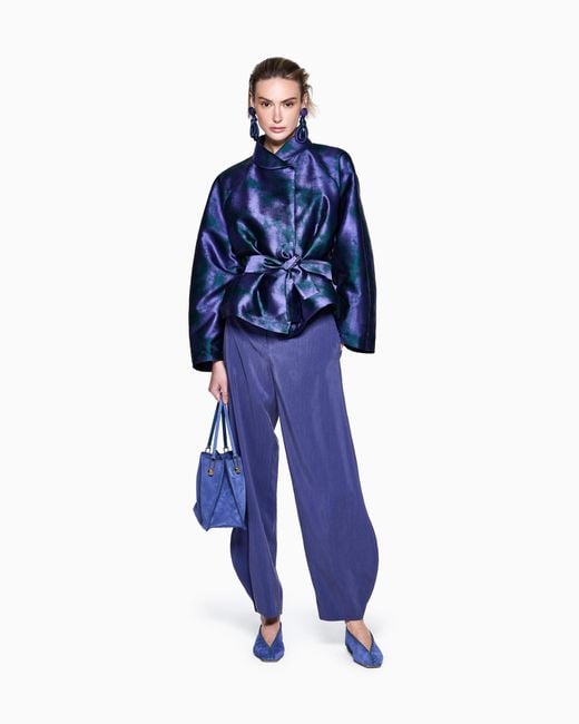 Giorgio Armani Blue Suede Bag With A Metal Bar And Leather Handles