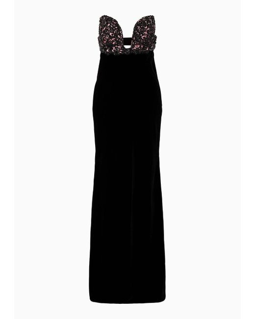 Giorgio Armani Black Long Velvet Bustier Dress With Embroidery