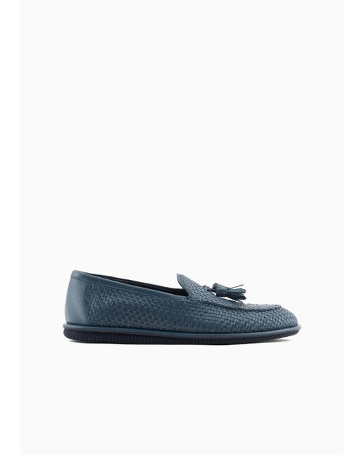 Giorgio Armani Blue Woven Nappa Leather Loafers With Tassels for men