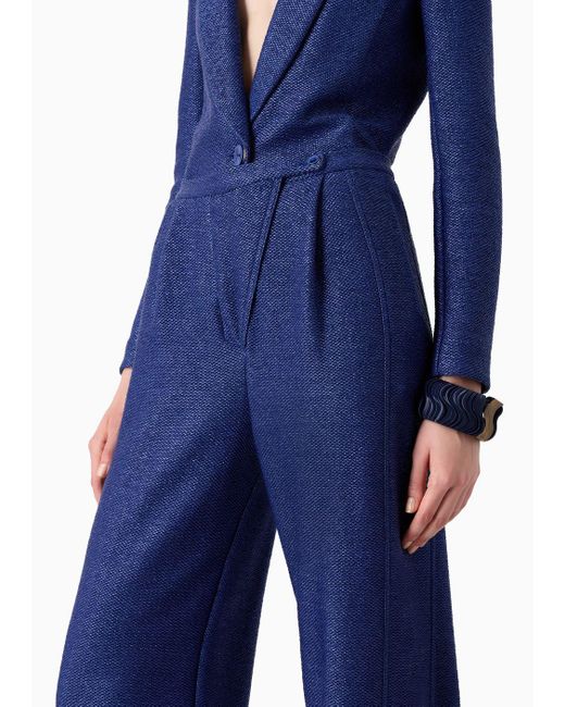 Giorgio Armani Blue Trousers In A Raffia-effect Jacquard Cotton Blend Jersey