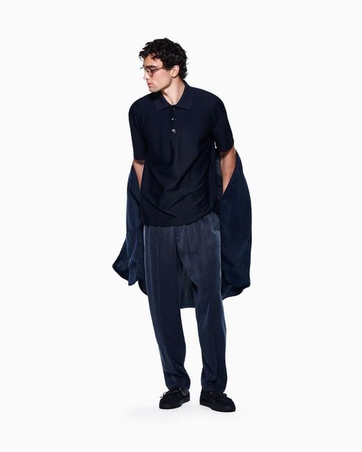 Giorgio Armani Blue Knit Polo Regular Fit Virgin Wool With Micro Rhombus Relief for men