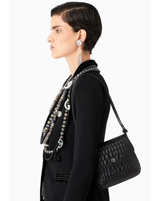 Giorgio Armani Black Small La Prima Bag In Croc-quilted Nappa Leather