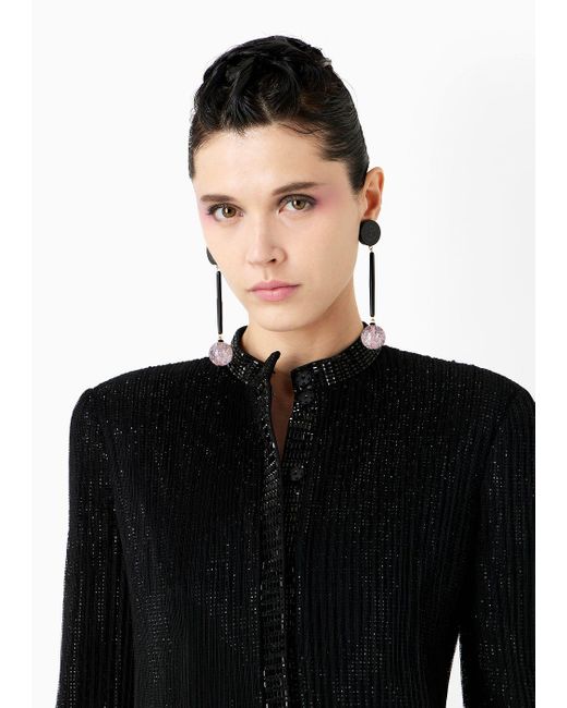 Giorgio Armani Black Long Jacket In Pleated Tulle With Crystal Embroidery