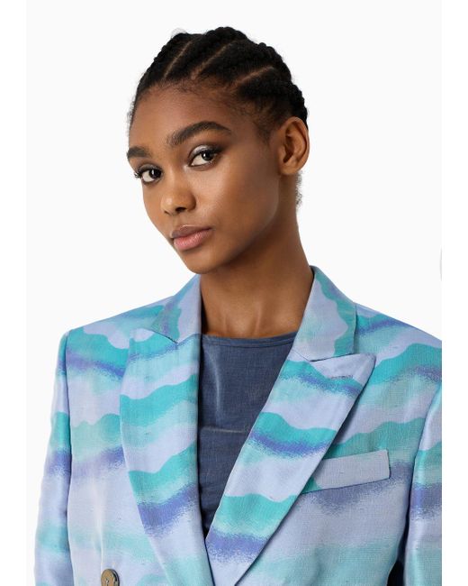 Giorgio Armani Blue Double-breasted Jacket In Jacquard With A Wave Motif