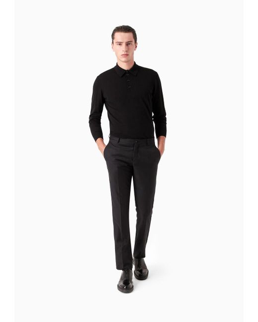 Giorgio Armani Black Long-sleeved Polo Shirt In Virgin Wool for men
