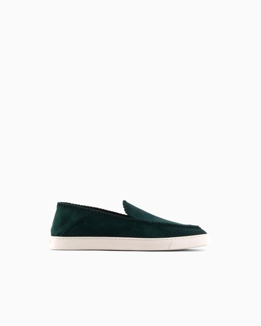 Giorgio Armani Green Suede Slip On With Threading And Rubber Sole for men