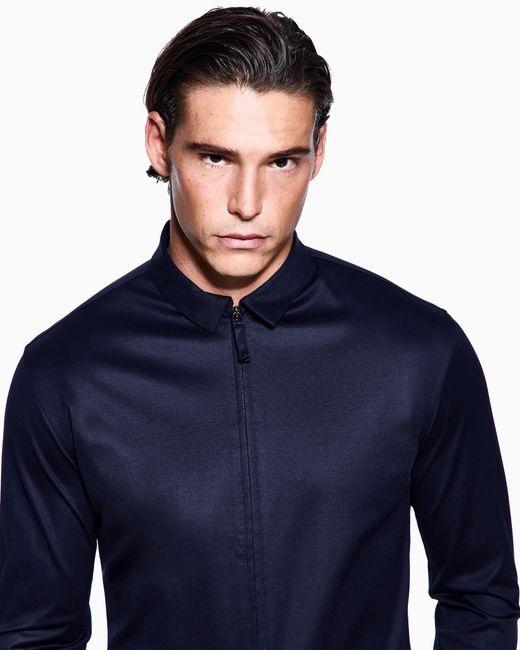 Giorgio Armani Blue Slim Fit Interlock Cotton Shirt With Full Zip Closure for men