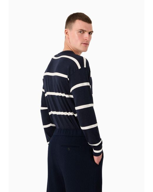 Giorgio Armani Blue Striped Crew-neck Jumper In Cotton And Cashmere for men