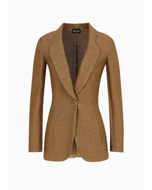 Giorgio Armani Brown Single-breasted Jacket In A Raffia-effect Jacquard Cotton-blend Jersey