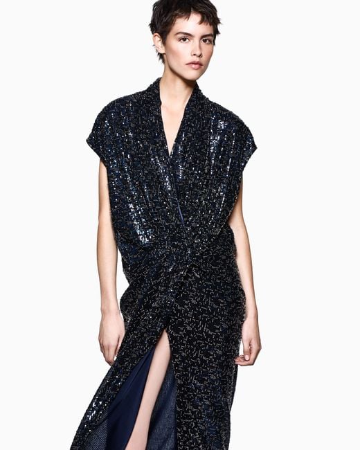 Giorgio Armani Blue Embroidered Dress With Dropped Shoulders And Sequin Beads