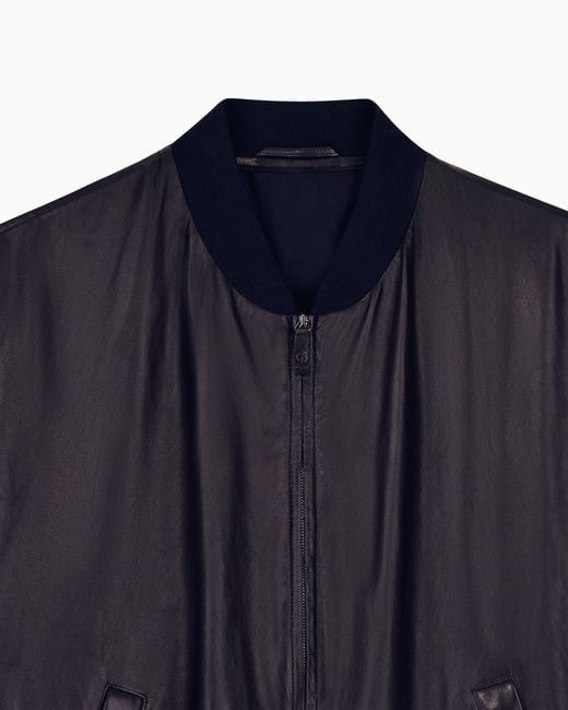 Giorgio Armani Blue Blouson Jacket Oversized Fit Leather With Silk Lining for men