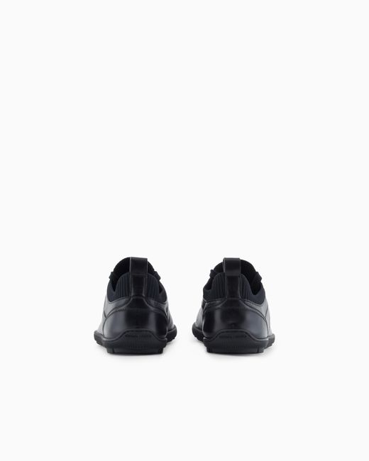 Giorgio Armani Blue Leather Sneaker With Knit Detail And Foldable Upper for men