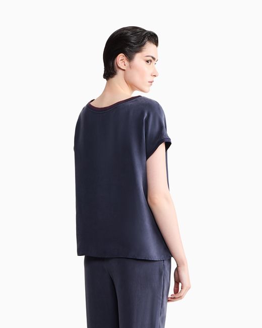 Giorgio Armani Blue Blouse Regular Fit Heavy Washed Silk Ribbed Crew Neck
