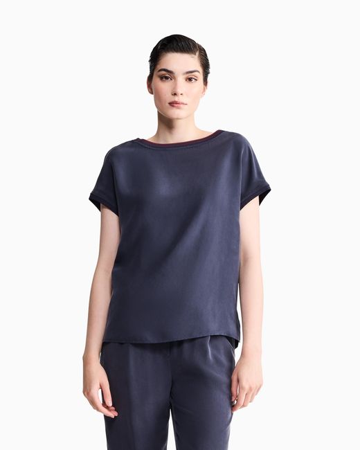 Giorgio Armani Blue Blouse Regular Fit Heavy Washed Silk Ribbed Crew Neck