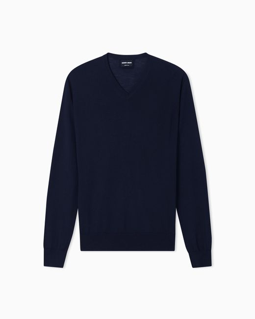 Giorgio Armani Blue Virgin Wool Crew Neck Sweater With Ribbed Trims for men