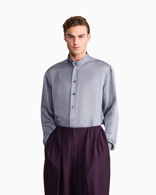 Giorgio Armani Blue Shirt Regular Fit Viscose Silk Chevron Jacquard Iridescent for men