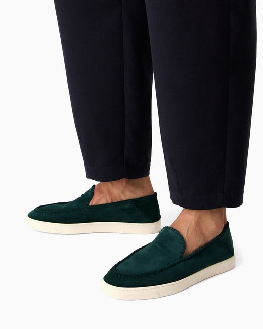 Giorgio Armani Green Suede Slip On With Threading And Rubber Sole for men