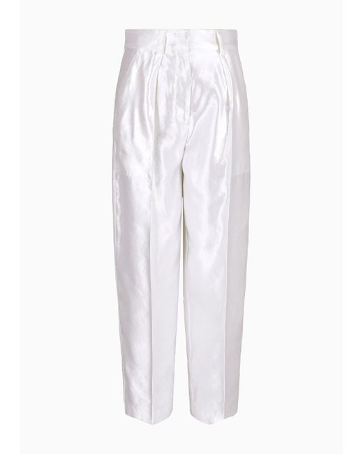 Pantalon Droit En Soie Et Lin Giorgio Armani en coloris White