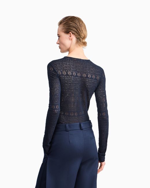 Giorgio Armani Blue Sweater Slim Crew Neck Stretch Cotton Lace