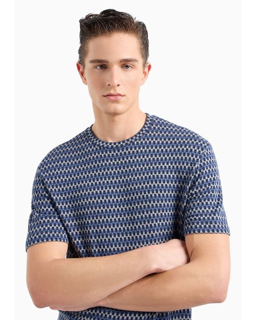 Camiseta De Cuello Redondo De Punto De Viscosa Elástica Con Elaboración En Tejido Jacquard Giorgio Armani de hombre de color Blue