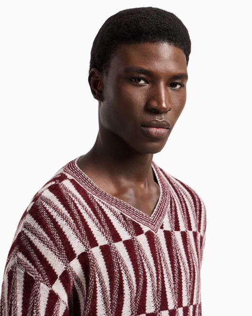 Giorgio Armani Red Geometric V-Neck Cashmere-Blend Sweater for men