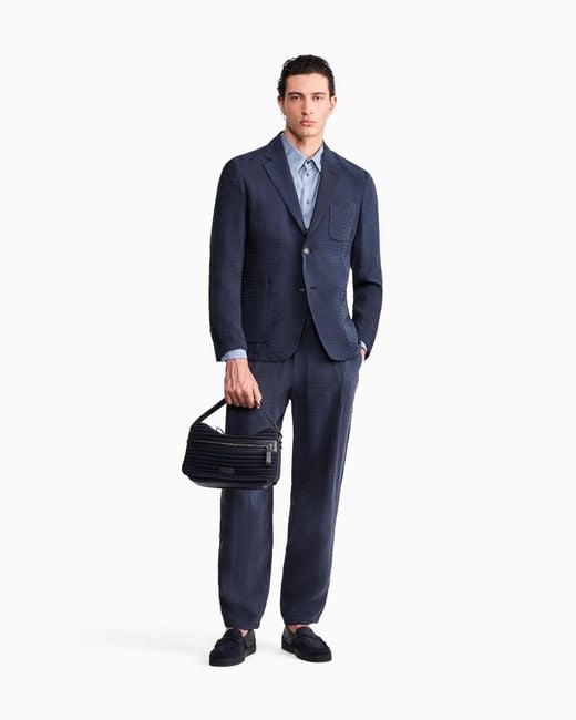 Giorgio Armani Blue Striped Cotton And Silk Shirt With Chest Pocket for men