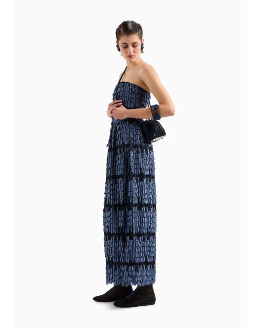 Giorgio Armani Blue Langes Kleid Mit Bustier, Gefertigt Aus Viskosemischung Mit Stickerei In Fransenoptik