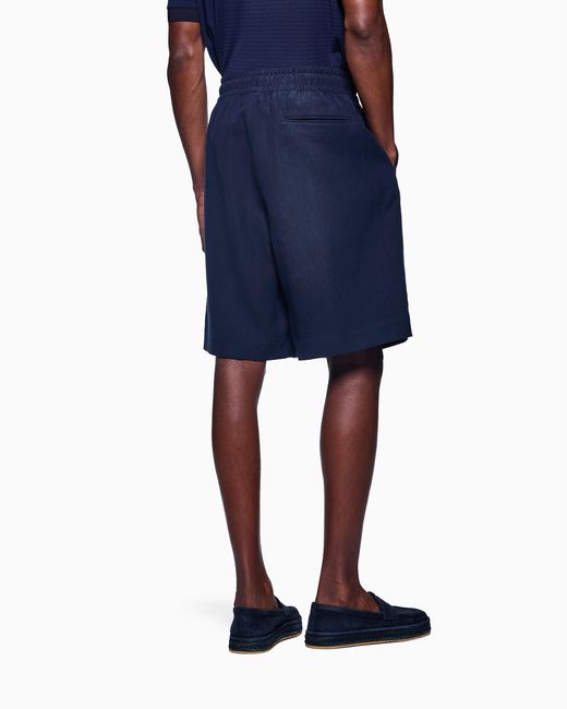 Giorgio Armani Blue Linen Canvas Flat-Front Bermuda Shorts for men