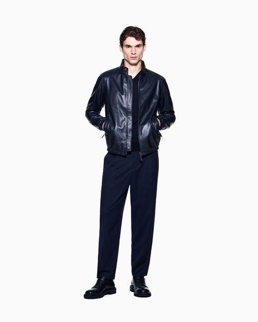 Giorgio Armani Blue Nappa Leather Blouson With Zip for men