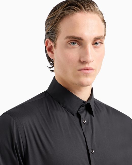 Camisa De Tejido Liso Elástico De Algodón Giorgio Armani de hombre de color Black
