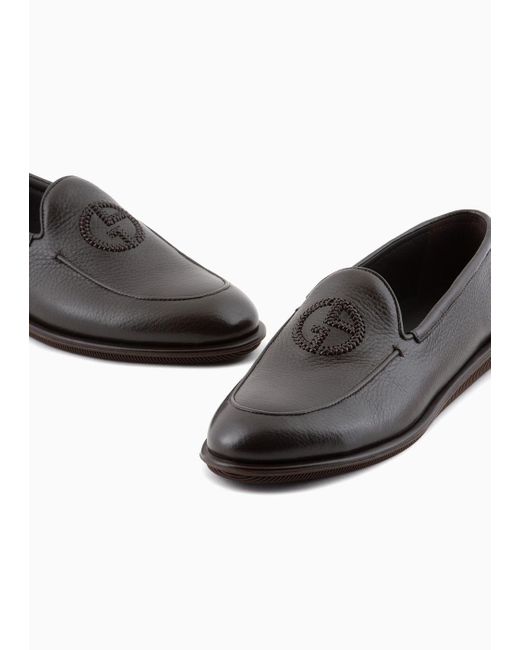 Giorgio Armani White Deerskin Loafers With Embroidered Logo for men