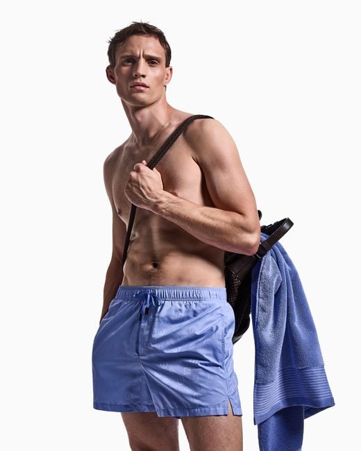 Giorgio Armani Blue Monogram Swim Trunks for men
