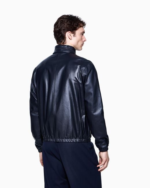 Giorgio Armani Blue Nappa Leather Blouson With Zip for men