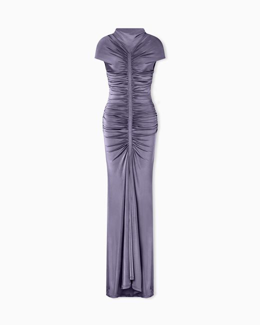 Giorgio Armani Purple Shiny Viscose Jersey Long Dress With Gathered Detail